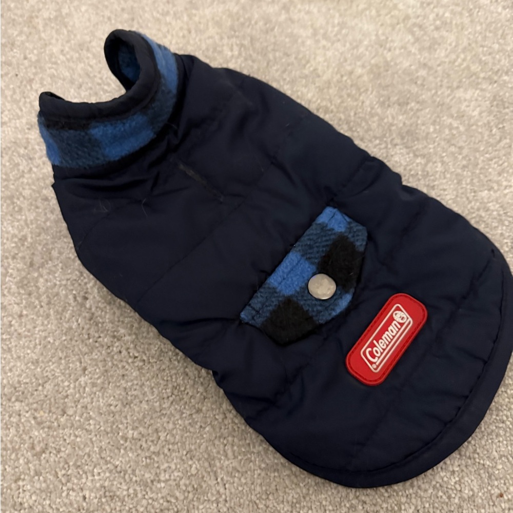 Coleman Dark Blue Pet Coat with Plaid Trim